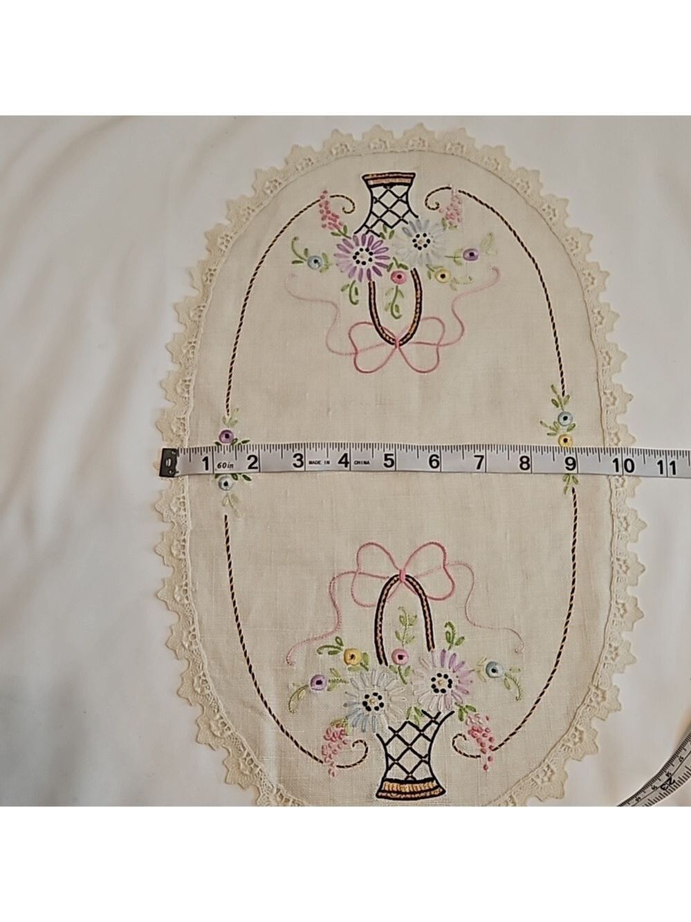 Vintage Hand Stitched Needlepoint Doily Oval Floral - Picture 14 of 17